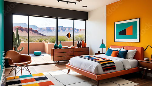 mid century southwestern style interior modern bedroom features bold colors retro furniture pieces photo