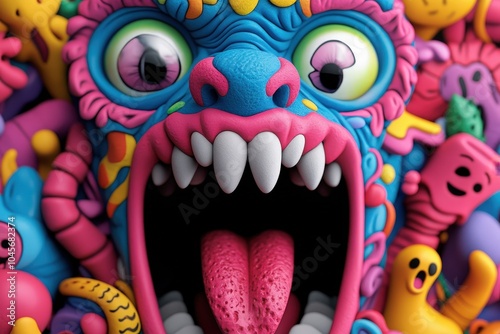 A playful monster with bright patterns and exaggerated features stands amidst wacky characters populating a vibrant, cartoonish world full of expressive energy and joy.