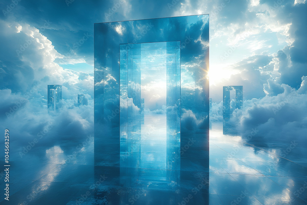 A surreal scene depicting transparent doors set in a bright, cloudy sky, suggesting themes of exploration and otherworldliness. A surreal scene depicting transparent doors set in a bright, cloudy sky, suggesting themes of exploration and otherworldliness.