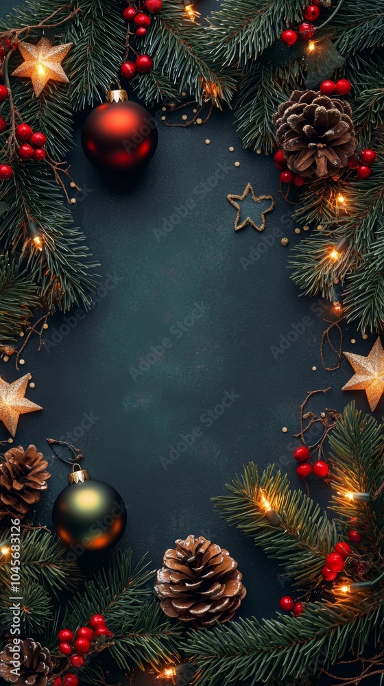 Festive Christmas wreath design featuring ornaments and pine cones on a dark background Festive Christmas wreath design featuring ornaments and pine cones on a dark background