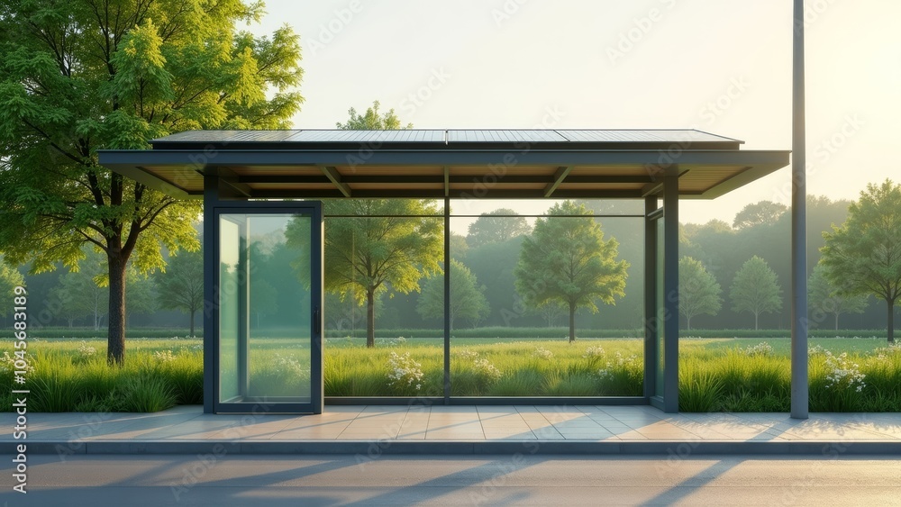 Modern Transparent Bus Stop with Green Roof and Solar Panels Modern Transparent Bus Stop with Green Roof and Solar Panels