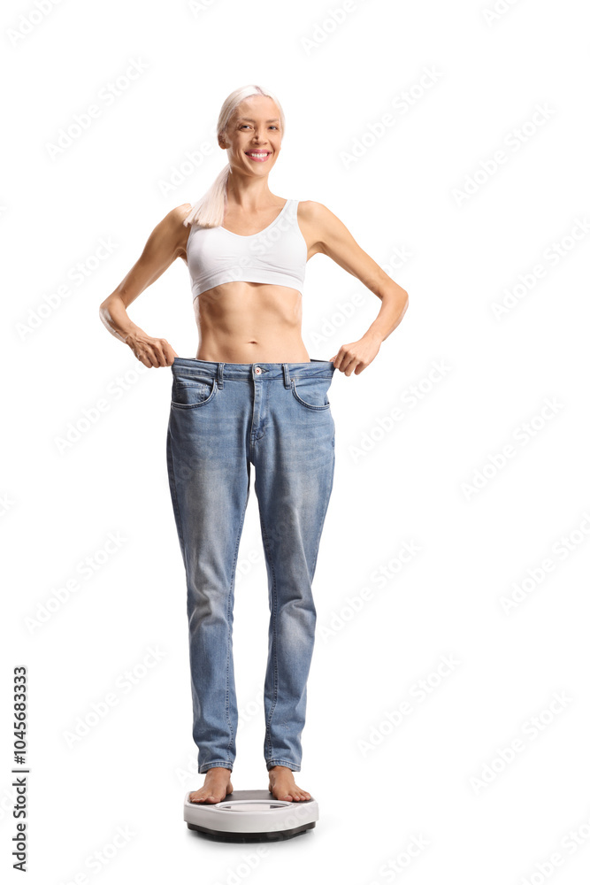 Happy slim woman in big jeans standing on a weight scale Happy slim woman in big jeans standing on a weight scale