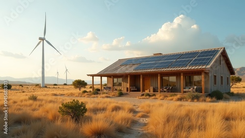 Innovative Eco-Conscious Home Surrounded by Wind Turbines and Natural Beauty