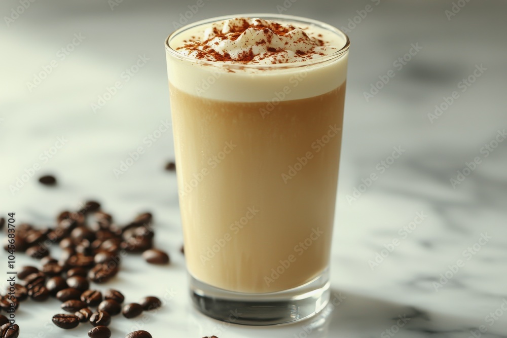 Creamy iced coffee topped with whipped cream and cocoa on a marble countertop with coffee beans