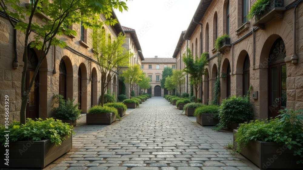 Fototapeta premium Peaceful Old Town Center Showcasing Greenery and Calm Pathways in Late Afternoon Light
