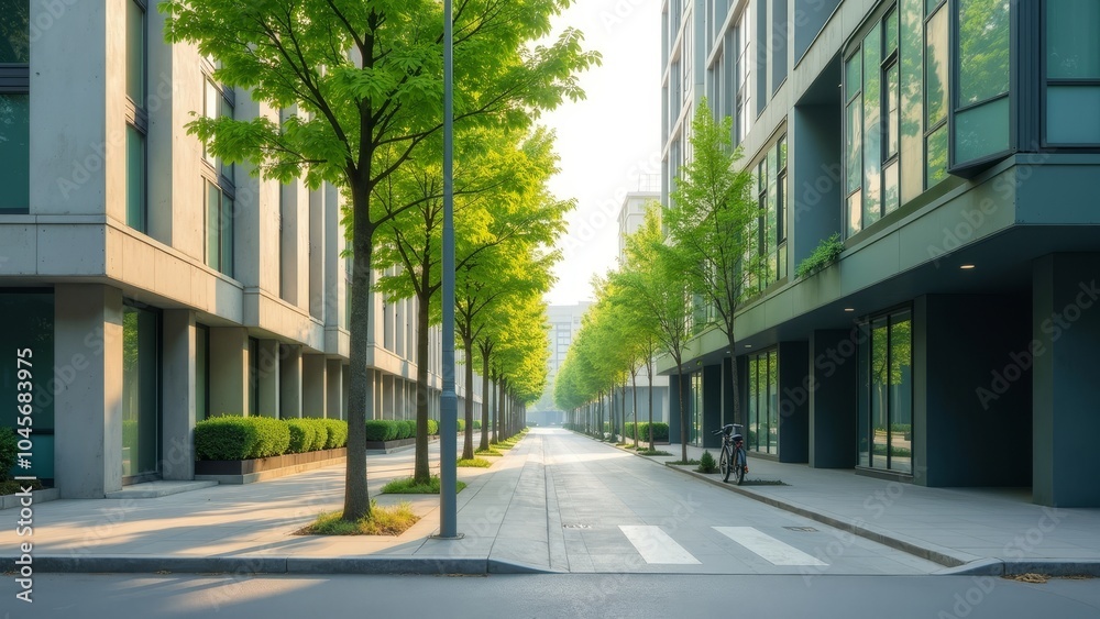 Sustainable Urban Living: A Calm Green Street with Modern Buildings Sustainable Urban Living: A Calm Green Street with Modern Buildings
