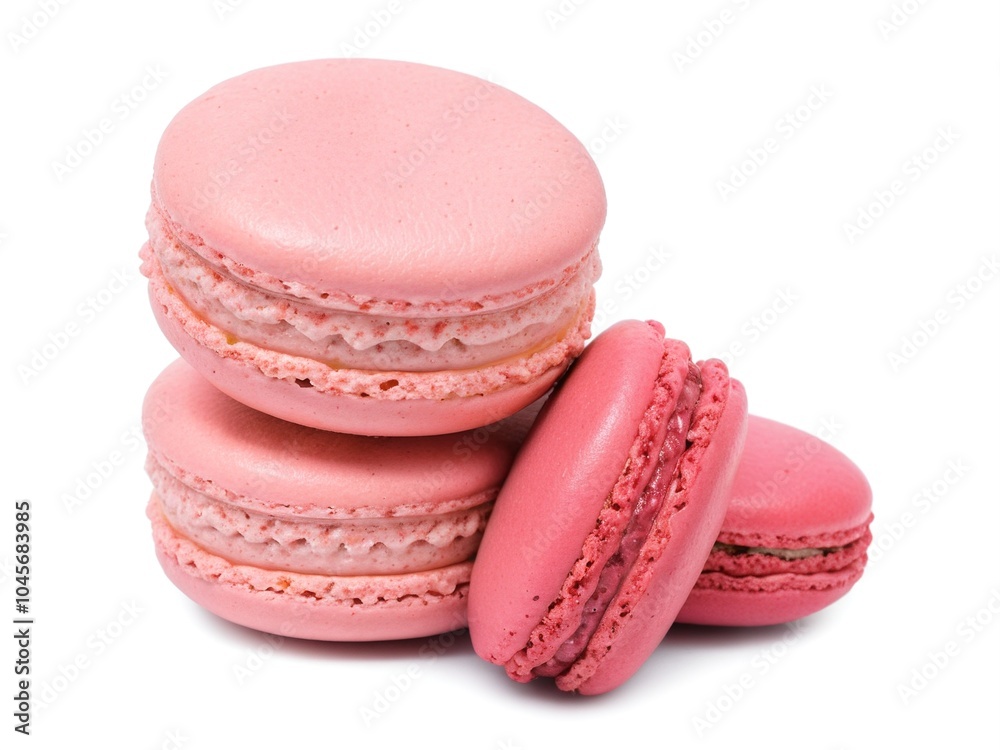 Up-Close Shot of Stacked Pink French Macarons on White Background Up-Close Shot of Stacked Pink French Macarons on White Background