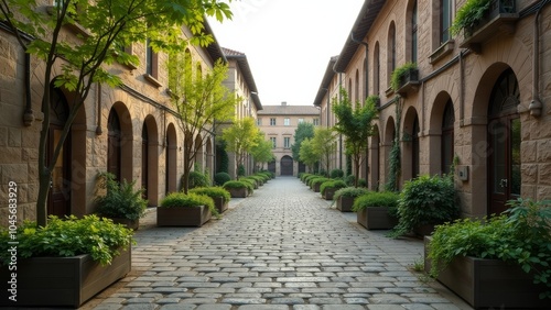 Peaceful Old Town Center Showcasing Greenery and Calm Pathways in Late Afternoon Light