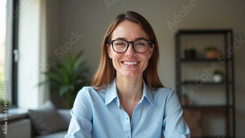 Professional Woman in Light Blue Shirt Speaking on Video Call