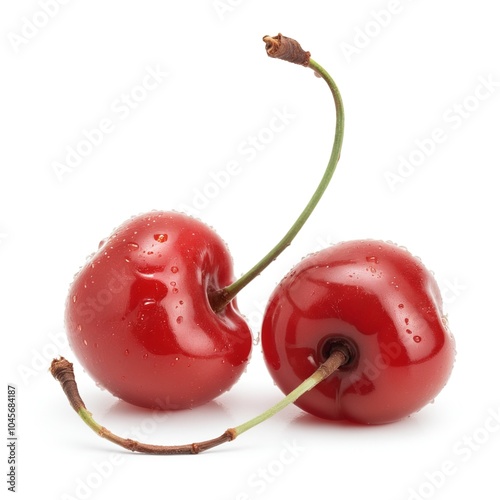 Fresh Maraschino Cherries with Water Drops on White Backdrop