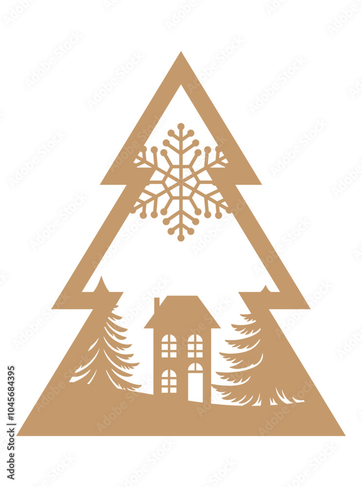 Fototapeta premium Winter scene arranged in a tree shape, Winter vector illustration, template for laser cutting 