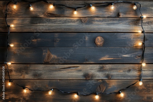 Decorative lights and pine branches on dark wooden surface during evening ambiance photo