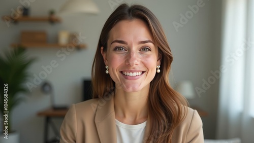 Young Professional Woman Engaged in a Video Call in a Modern Home Office