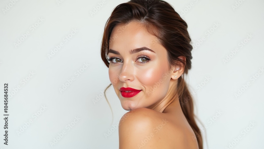 Confident Woman Showcasing Bright Red Lipstick: Profile Shot Confident Woman Showcasing Bright Red Lipstick: Profile Shot