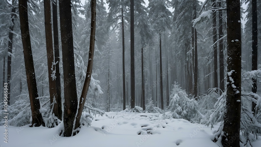 Fototapeta premium Snow-covered forest landscape with tall trees in a foggy winter atmosphere