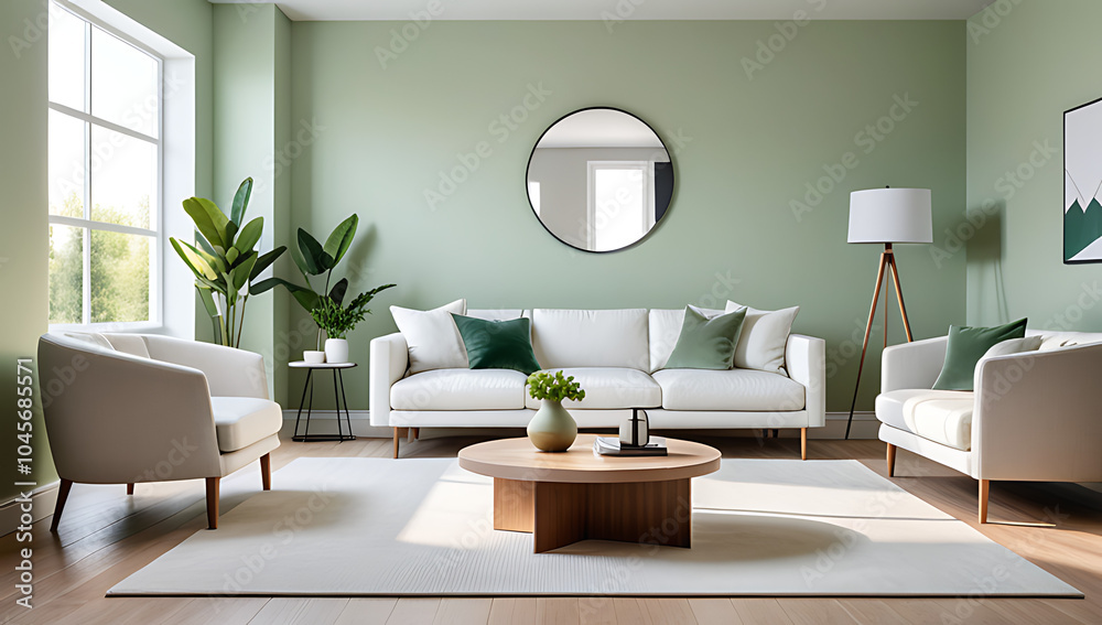 Fototapeta premium modern living room features round accent coffee table light green wall white fabric sofa scandinavian style setting