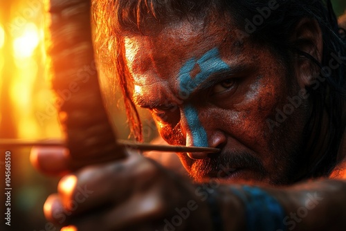 A fierce warrior with blue face paint carefully aims an arrow, expressing determination and focus in an intense and historical battle setting. photo