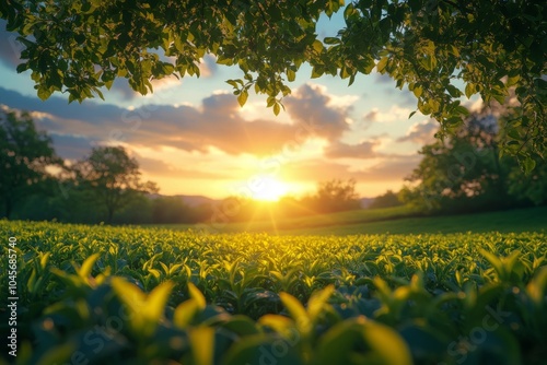 A serene sunrise over a lush green tea field with warm sunlight illuminating the landscape photo