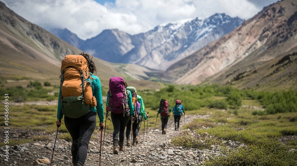 Fototapeta premium A women-only trekking expedition in the wilderness, empowering each other.