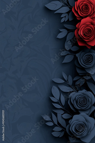 Elegant dark floral pattern background with red and blue roses, perfect for luxury designs, greeting cards, and decorative wallpapers for sophisticated and romantic themes. copy space photo