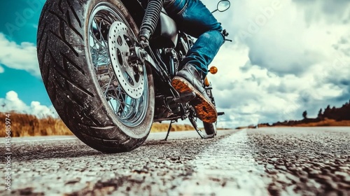 motorcyclist in a motorcycle jacket and tinted helmet with a classic motorcycle in nature. Stylish biker photo