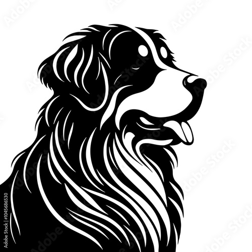 A black and white silhouette of Bernese Shepherd, minimalist stroke, minimalist art style, vector, isolated, transparent background