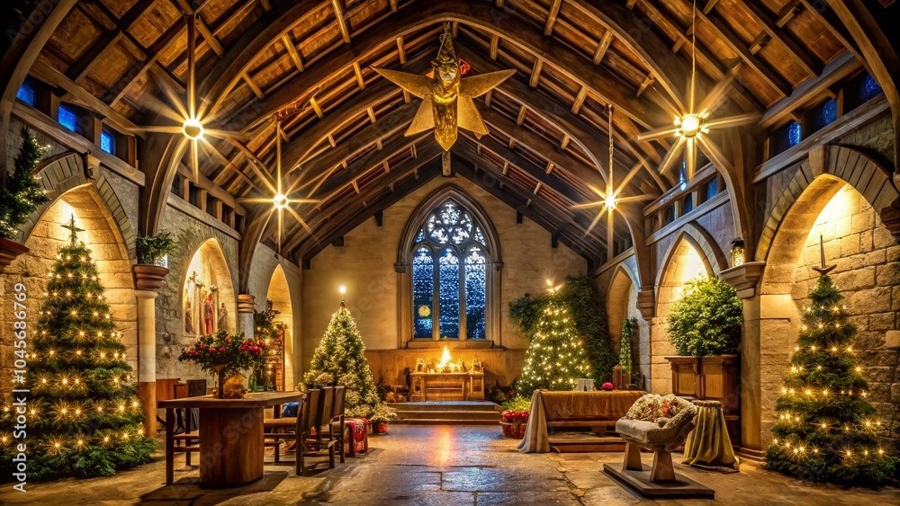 Festive Architectural Photography of a Christmas Bible Scene in a Beautifully Decorated Church Interior Festive Architectural Photography of a Christmas Bible Scene in a Beautifully Decorated Church Interior