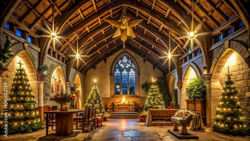 Festive Architectural Photography of a Christmas Bible Scene in a Beautifully Decorated Church Interior