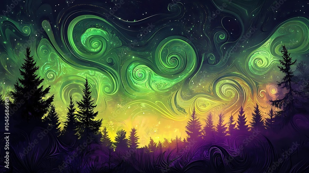 Abstract Swirling Night Sky with Silhouetted Trees Abstract Swirling Night Sky with Silhouetted Trees
