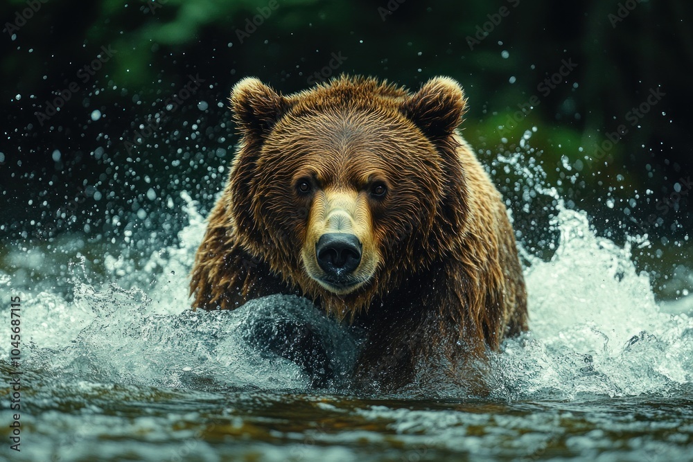 A bear splashes through water, showcasing its power and natural habitat. A bear splashes through water, showcasing its power and natural habitat.