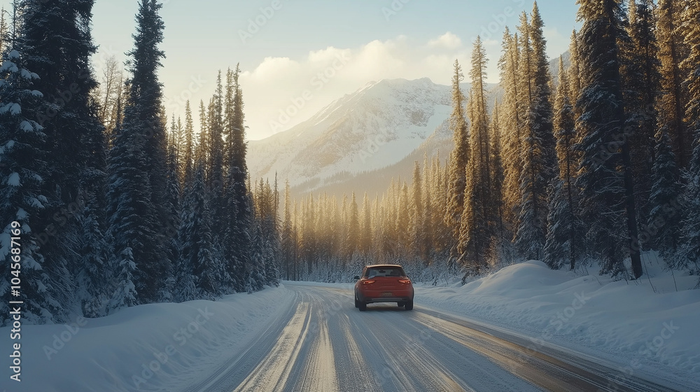 Car driving on a snowy road surrounded by a forest in winter Car driving on a snowy road surrounded by a forest in winter