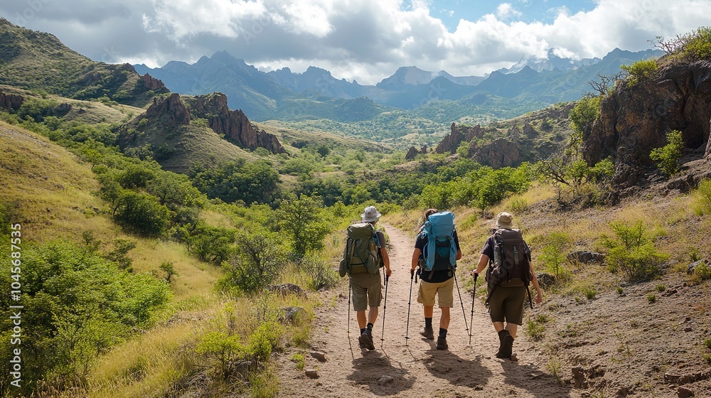 Obraz premium Adventurers hiking through culturally significant landscapes with a local guide.