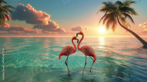 Fototapeta Naklejka Na Ścianę i Meble -  Tropical Valentine's Day Card Design with Flamingos and Sunset Paradise