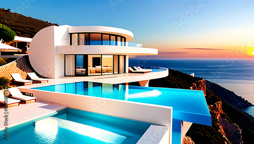 modern luxury villa cliff pool round curves sea views beautiful sunset surroundings created relaxation elegance always