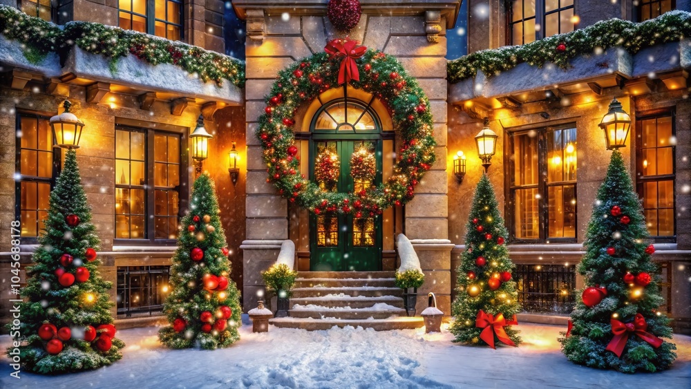 Obraz premium Festive Candid Photography of a Christmas Scene at a Luxury Building with Holiday Decorations and Sparkling Lights