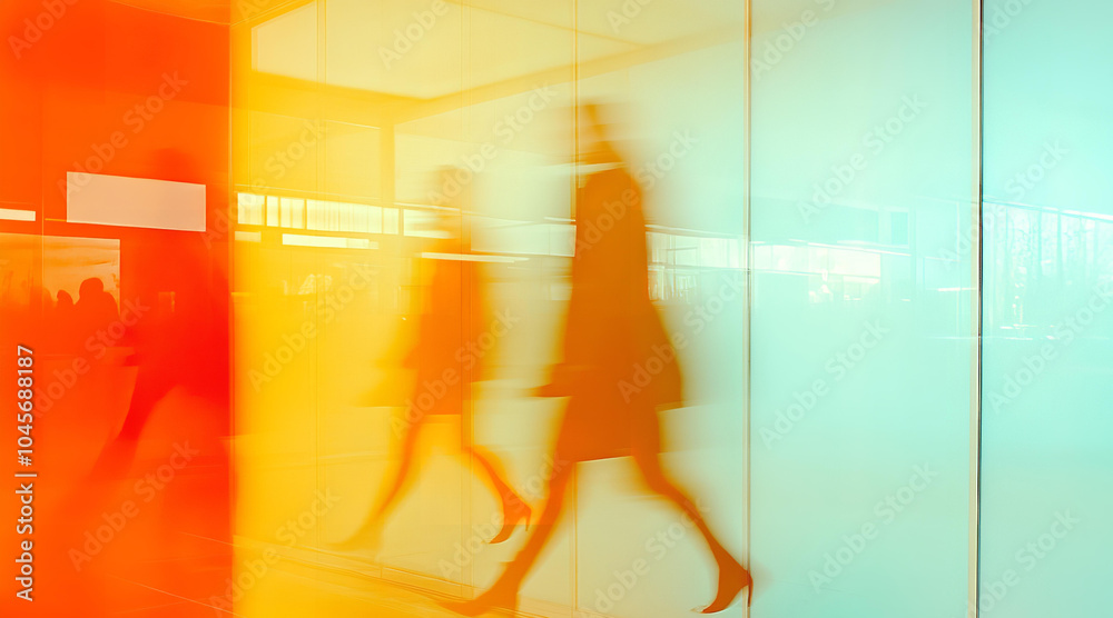 Motion blur of moving people in city, grass reflections, catching a moment street life Motion blur of moving people in city, grass reflections, catching a moment street life