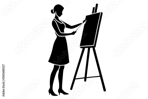 Silhouette of a young woman who paints a picture on the easel, vector illustration