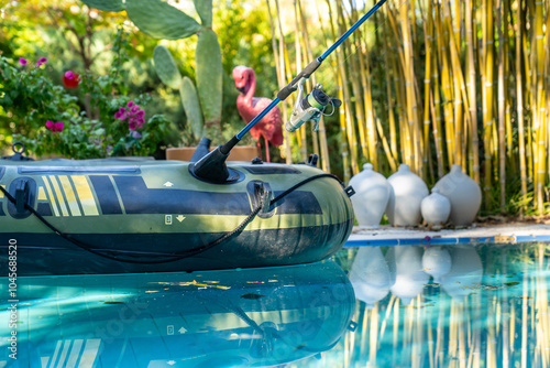 Attaching the fishing rod to the boat for fishing with an inflatable boat on the lake