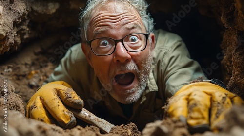 Excited explorer discovers hidden treasure underground in unforeseen adventure