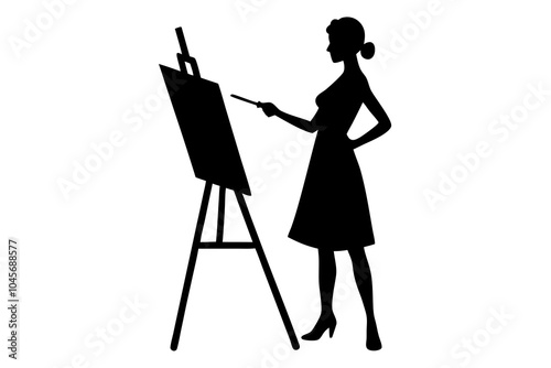 Silhouette of a young woman who paints a picture on the easel, vector illustration