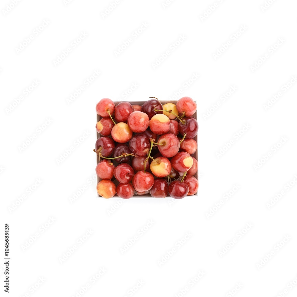 Freshly Picked Rainier Cherries (Prunus avium) in Square Container, Isolated on White Freshly Picked Rainier Cherries (Prunus avium) in Square Container, Isolated on White