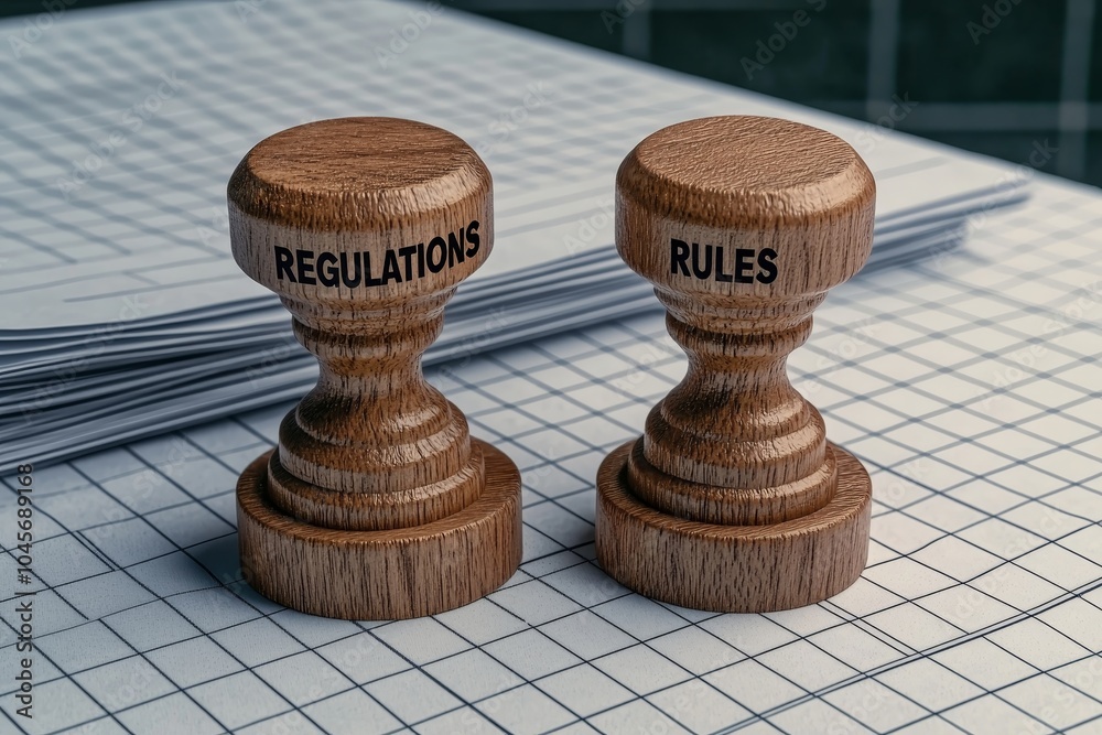 Symmetrical Wooden Stamps with Rules and Regulations on Grid Surface in Office Setting - Formal Corporate Compliance Concept Symmetrical Wooden Stamps with Rules and Regulations on Grid Surface in Office Setting - Formal Corporate Compliance Concept