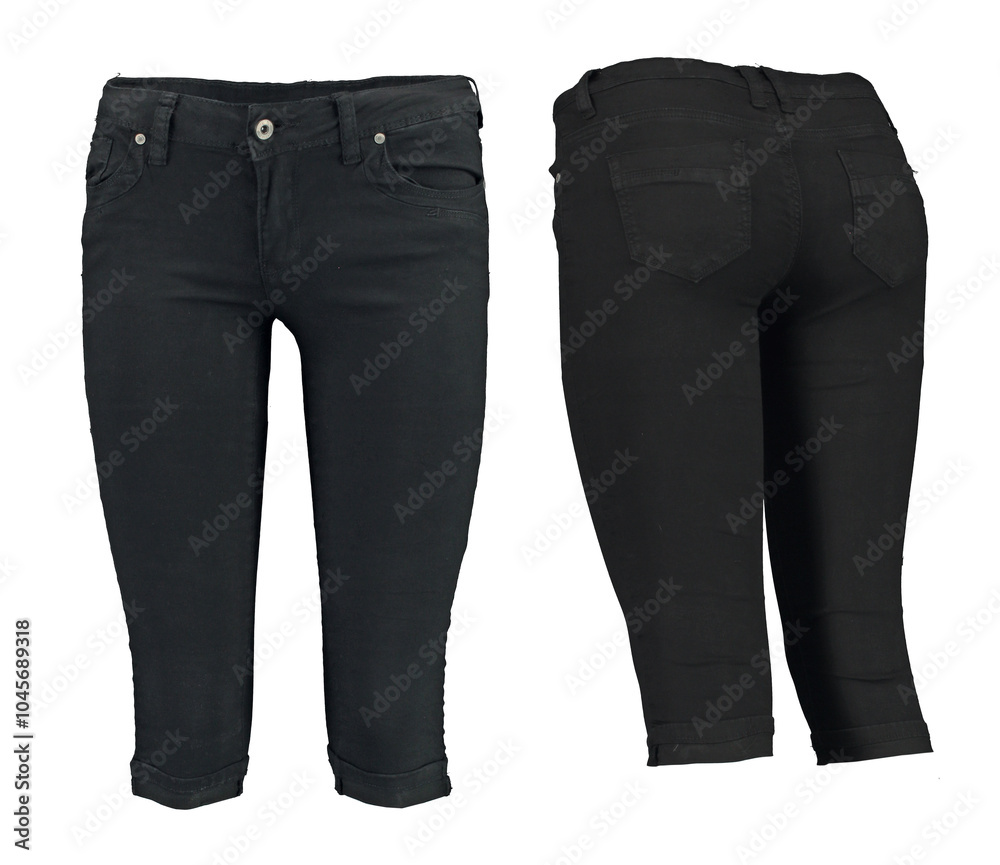 Black Capris. Isolated image on a white background. Front and back view. Nobody. Photo on a mannequin. Black Capris. Isolated image on a white background. Front and back view. Nobody. Photo on a mannequin.