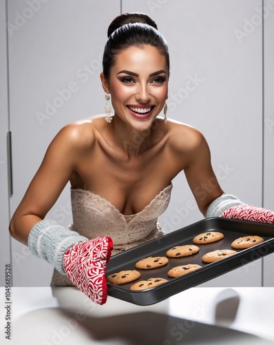 Italian Female Model Smiling with Freshly Baked Cookies