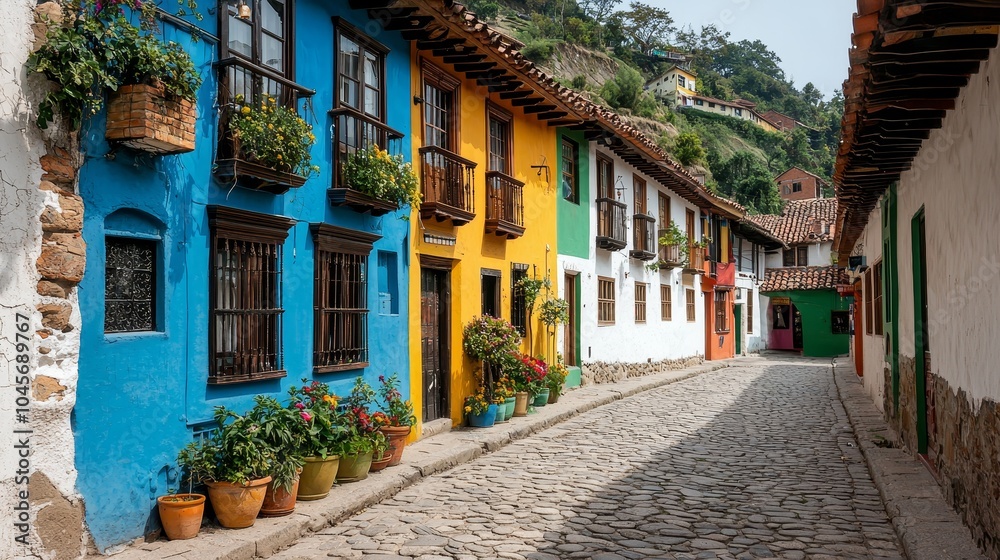 Obraz premium Vibrant Cobblestone Street in Charming Mountain Village with Colorful Buildings and Lush Greenery - Sunny Tranquil Scene for Travel and Design