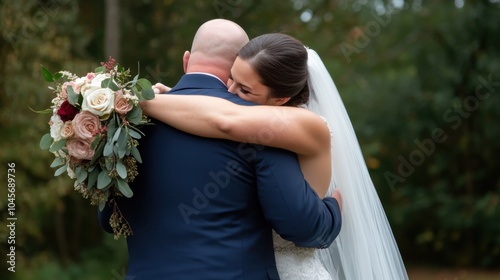 A bride embraces her groom lovingly during their ceremony, symbolizing joy, gratitude, and the union of two souls. photo