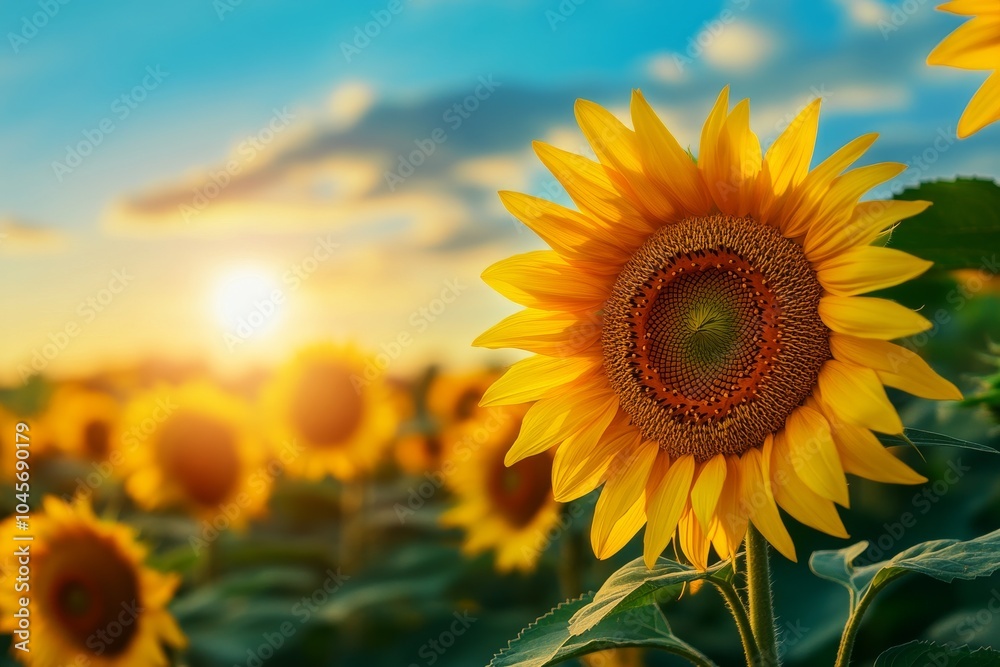 Fototapeta premium A vibrant sunflower blooms in a field at sunset, bathed in warm golden light.