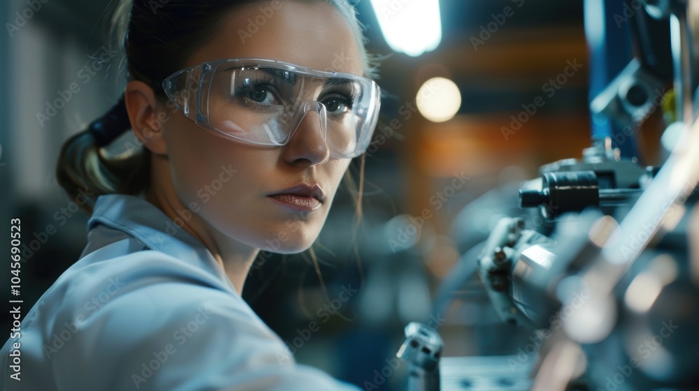 Focused Female Engineer Wearing Safety Goggles in Industrial Setting Focused Female Engineer Wearing Safety Goggles in Industrial Setting