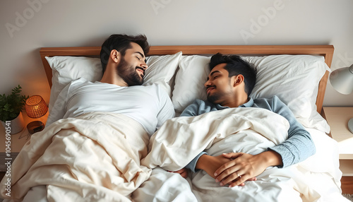 Men sleeping together on a bed in a cozy bedroom, symbolizing love, togetherness, and family in an indoor home setting isolated with white highlights, png