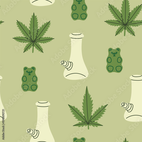 Medical Marijuana, smoking accessories. Glass bong for smoking weed, hemp leaves, jelly bear. Cannabis and weed legalization concept. Hand drawn trendy Vector illustration. Square seamless Pattern